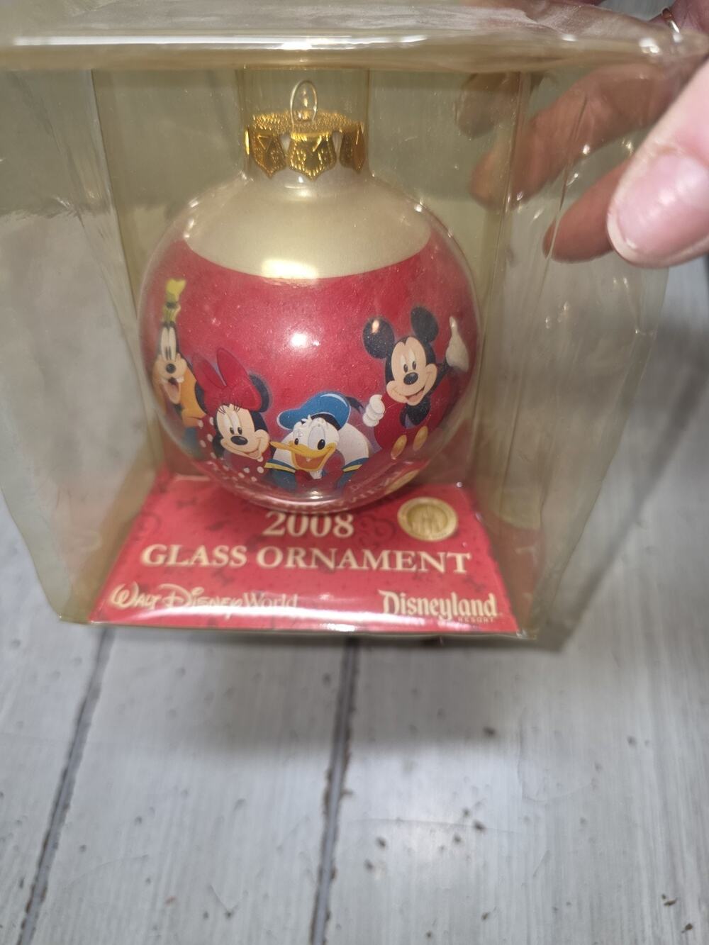 Disney 2008 Glass Ball Christmas Ornament Disneyland Goofy Donald Mickey Minnie